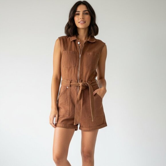 Avec Les Filles Pants - NWT Avec Les Filles Tan Orange Belted Waist Cargo Zip-Up Romper Shortalls 27